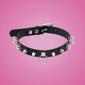 Punk Rocker Black Studded Spike Neck Choker Collar with Small Center Ring Detail
